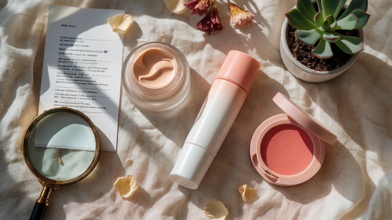 Flat lay of clean beauty products with plants and magnifying glass