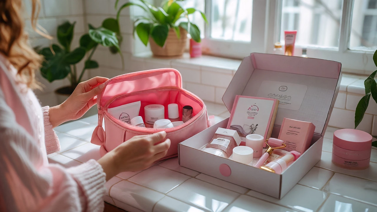 Hands opening a pink beauty bag and white box on a bright bathroom vanity