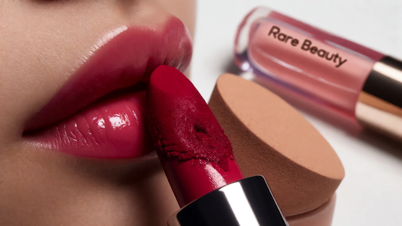 Macro shot of various makeup textures including lipstick, foundation, and lip oil