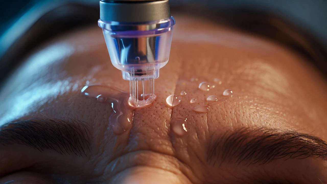 Macro view of microneedling tool applying serum to skin for collagen production.