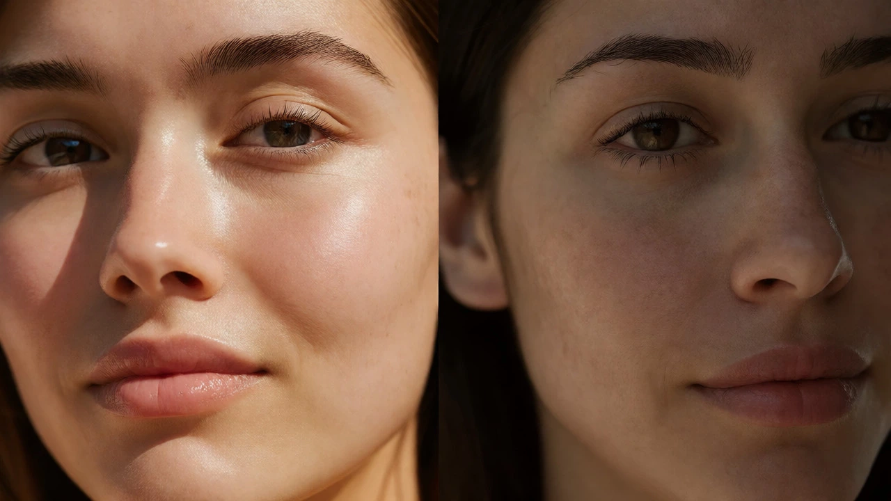 Split image comparing radiant healthy skin against dull neglected skin textures.