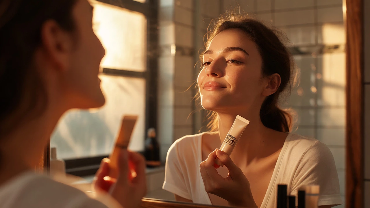 Woman applying budget foundation and mascara in a sunlit bathroom