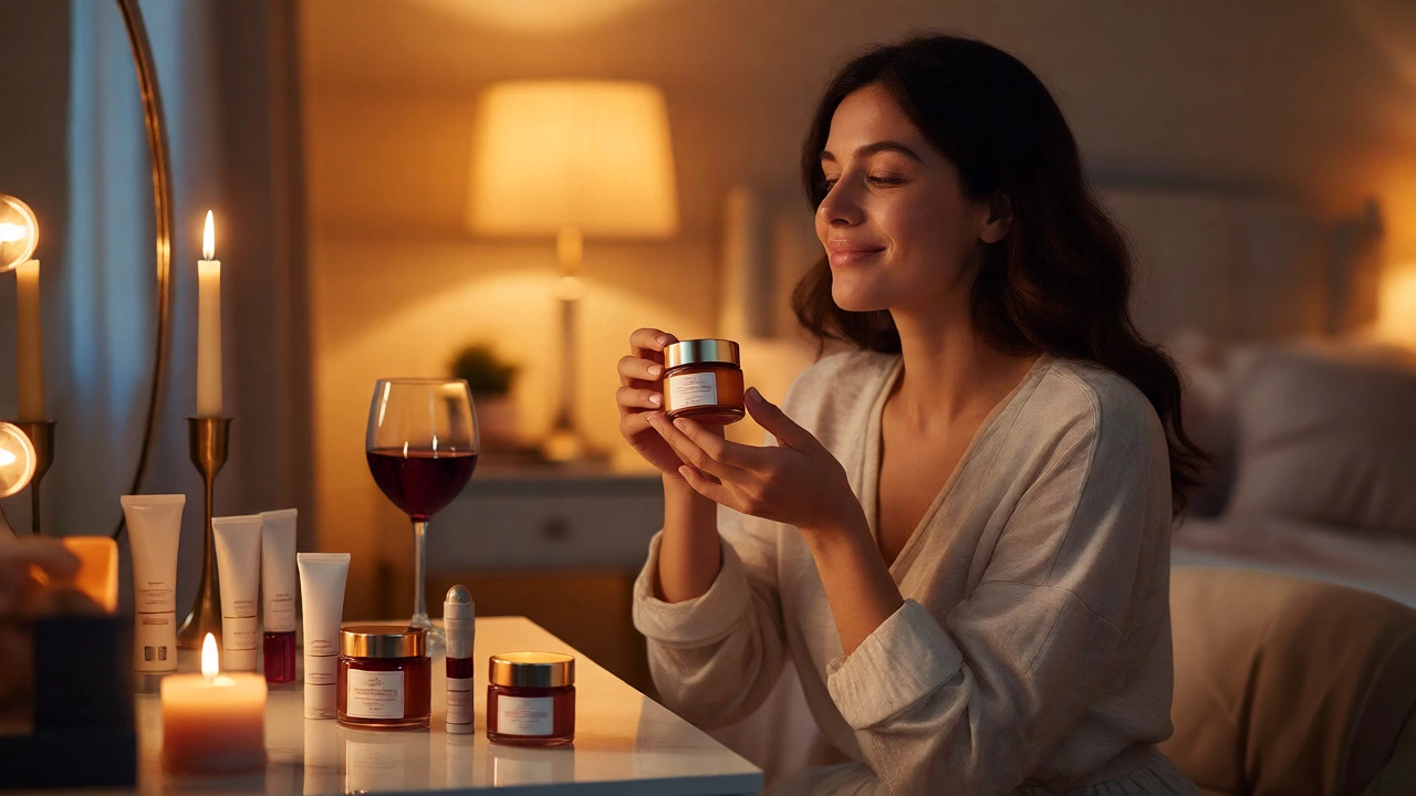 Woman enjoying a self-care ritual with beauty samples and wine at night