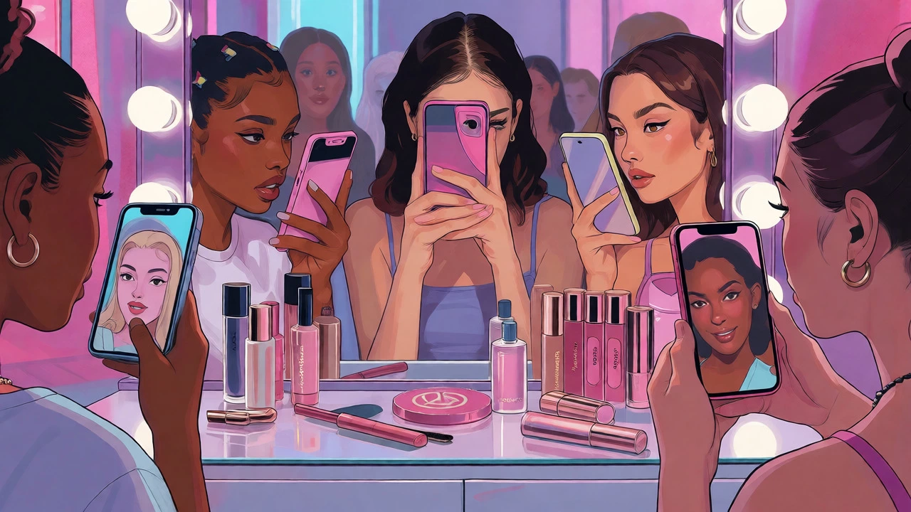 Young women using smartphones as mirrors amidst trendy makeup products